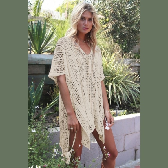 Beige Crochet Knit Beach Swim Coverup Poncho Tunic - Picture 2 of 8